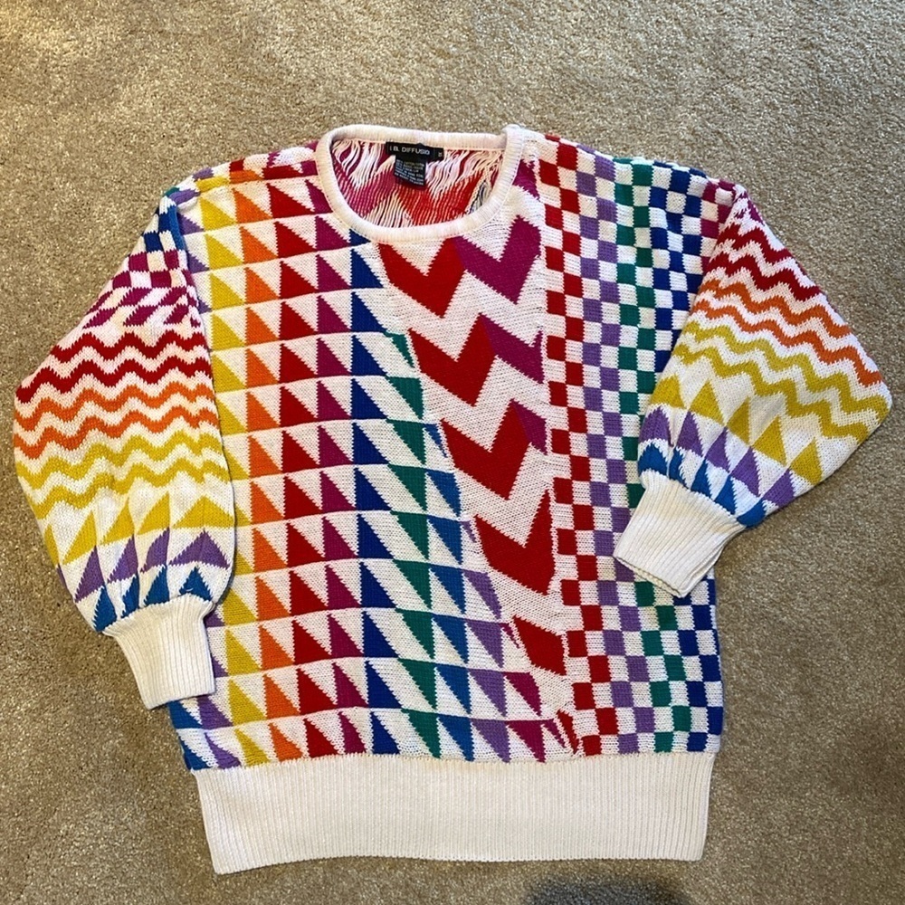 LB Diffusion VTG Geometric Rainbow Linen Raime Puff Sleeve Neck Button Detail 1X